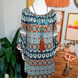 Dress. Teal, Burnt Orange, Multi Print. Southern Fried Chics Brand. Size Small.